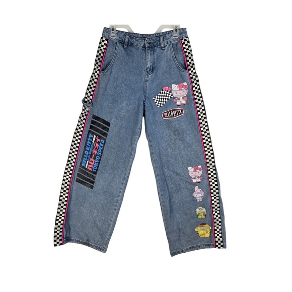 Sanrio Denim - Sanrio Jeans Juniors 5 Hello Kitty Tokyo Speed Blue Checkered Graphic Racing